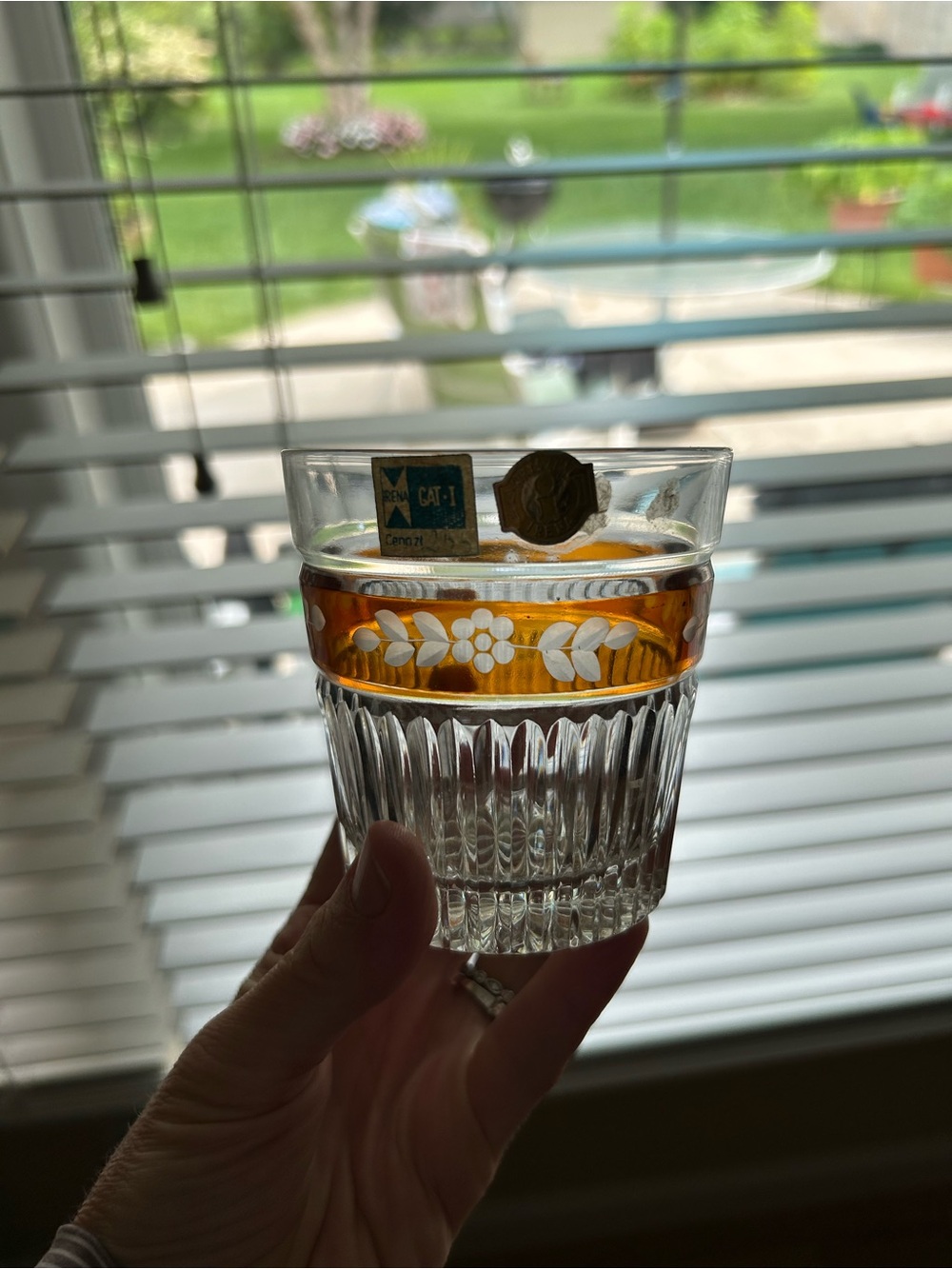 Polish crystal - Vintage Tumbler set with Amber Band, original sales sticker